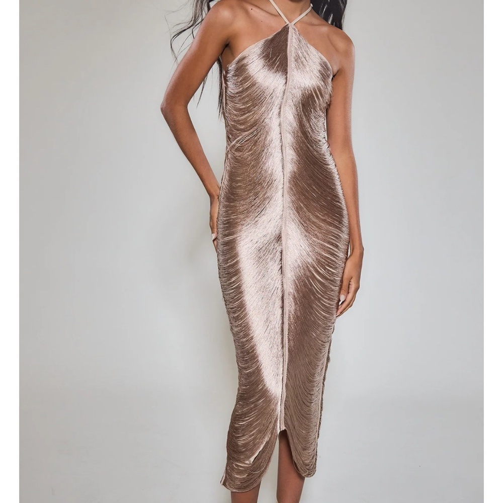 Rare London Gold Fringe Detail Halter Maxi Dress